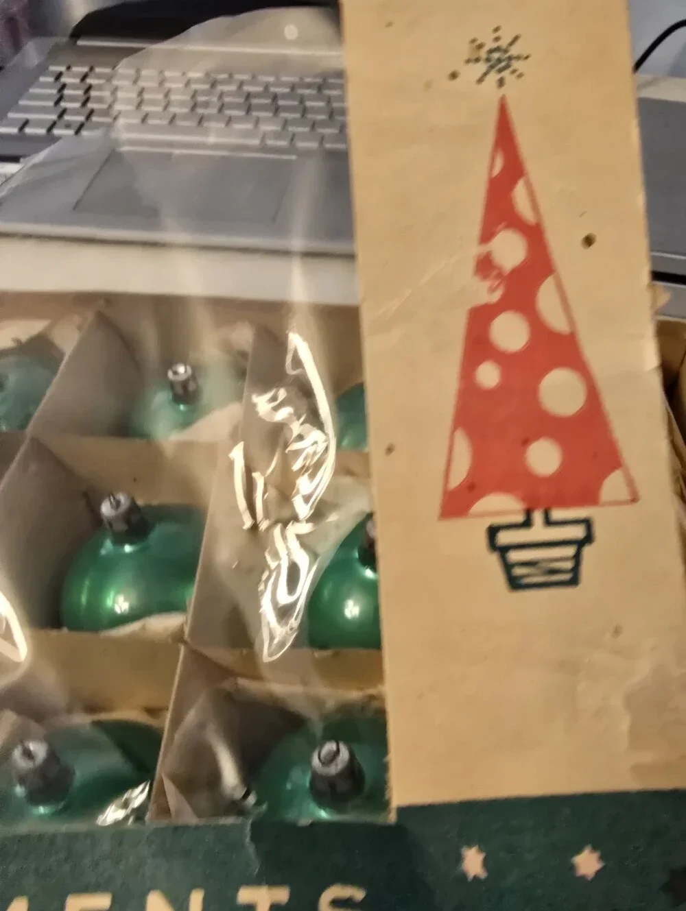 Vintage  Box Of 9 Green Glass  Round Poland Christmas Tree Ornaments READ